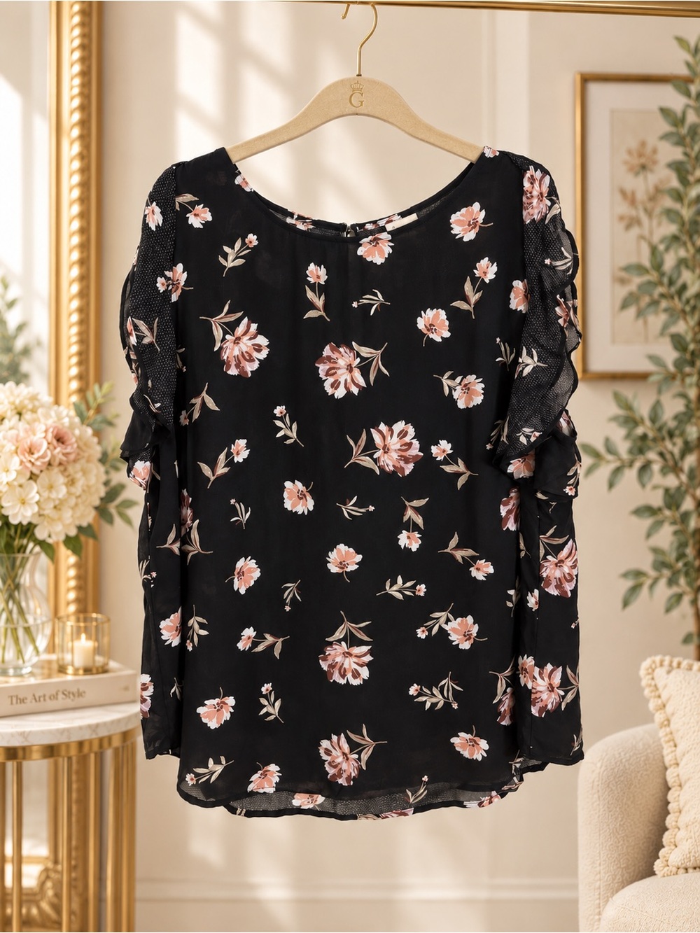 A New Day Black Floral Ruffle Sleeve Blouse Women’s XXL Rayon Keyhole